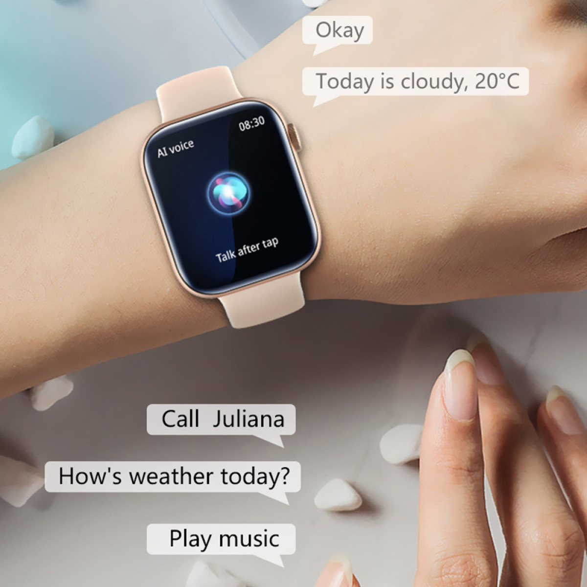 Smartwatch zeigt Wetter und Uhrzeit an. Textblasen: Okay, bewölkt, 20°C, Juliana anrufen, Musik abspielen.