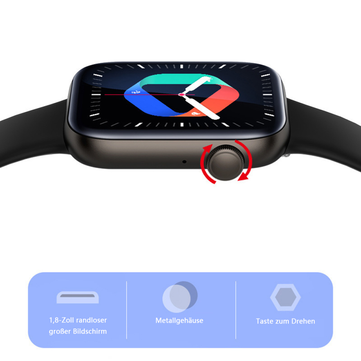Smartwatch mit schwarzem Armband. Der Bildschirm zeigt ein farbenfrohes Zifferblatt. Auf der Seite befindet sich eine Taste.