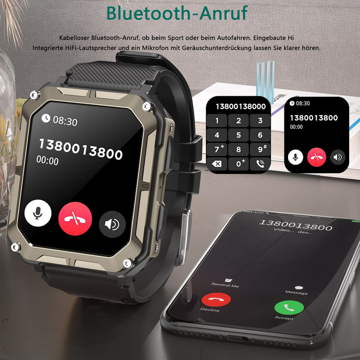 Smartwatch am Handgelenk mit Anrufschnittstelle, Smartphone zeigt Anrufbildschirm und eine numerische Tastatur.