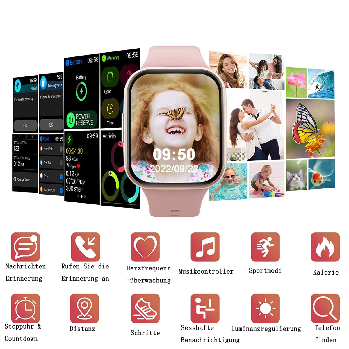 Smartwatch mit verschiedenen Anzeigesymbolen, zeigt Zeit, Datum und Aktivitätsdaten. Pinkes Armband.