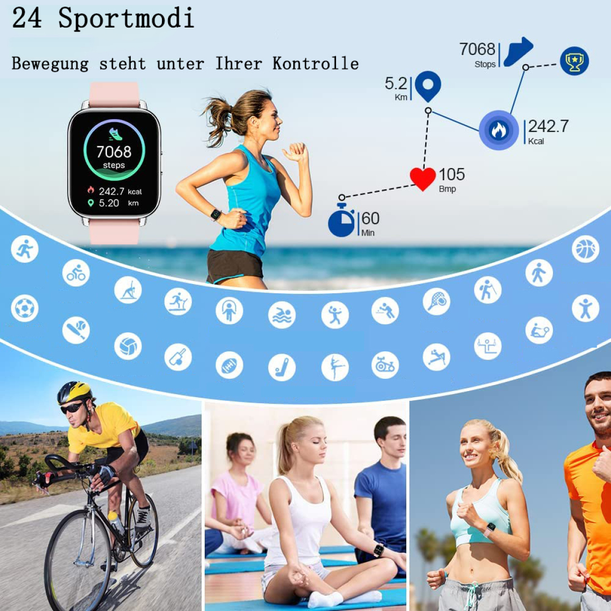 Diagramm, das eine laufende Frau, eine Uhr mit Statistiken und andere Trainingssymbole zeigt.