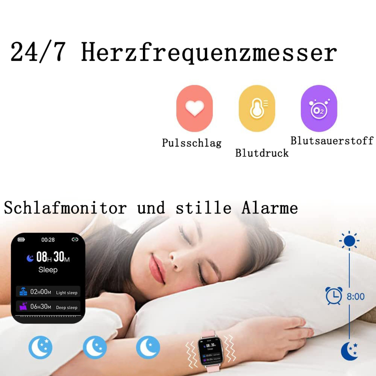 Eine schlafende Frau mit Smartwatch, die Schlafdaten anzeigt, neben Text über Gesundheitsüberwachung.