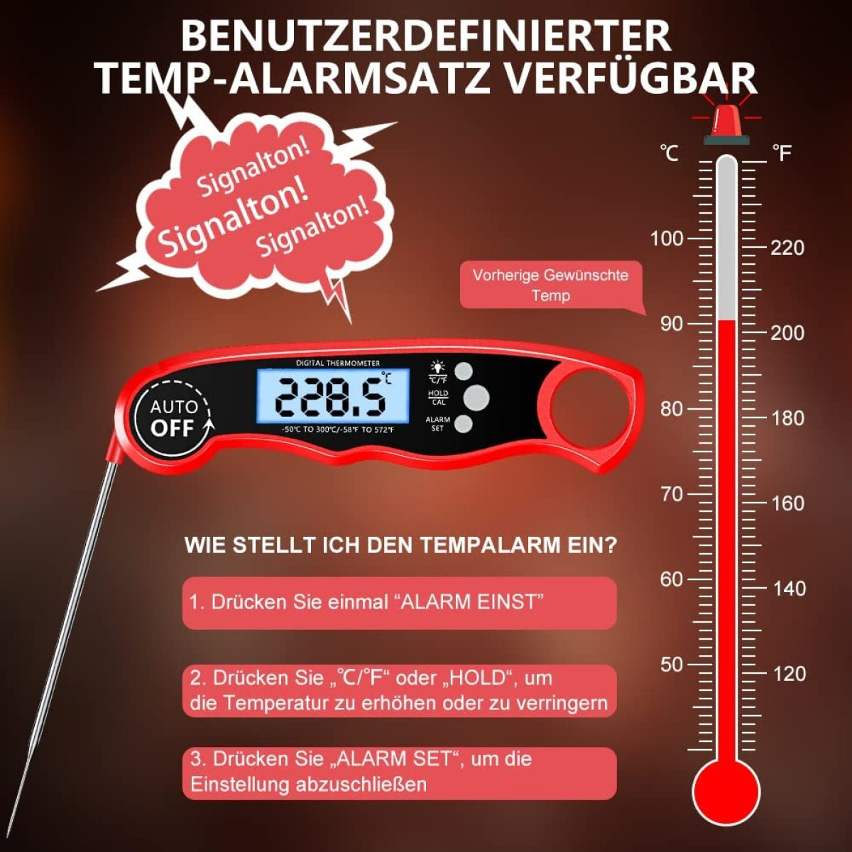 Digitales Thermometer mit Temperatur, Anweisungen und roter Skala.