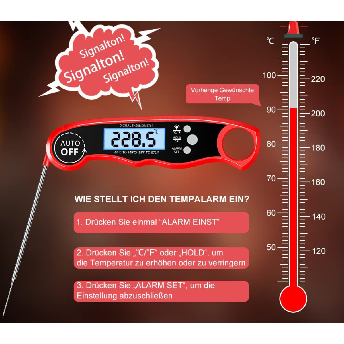 Ein digitales Thermometer in Rot, mit Temperaturanzeige und Anweisungen. Text: Auto Off, Alarm Set.
