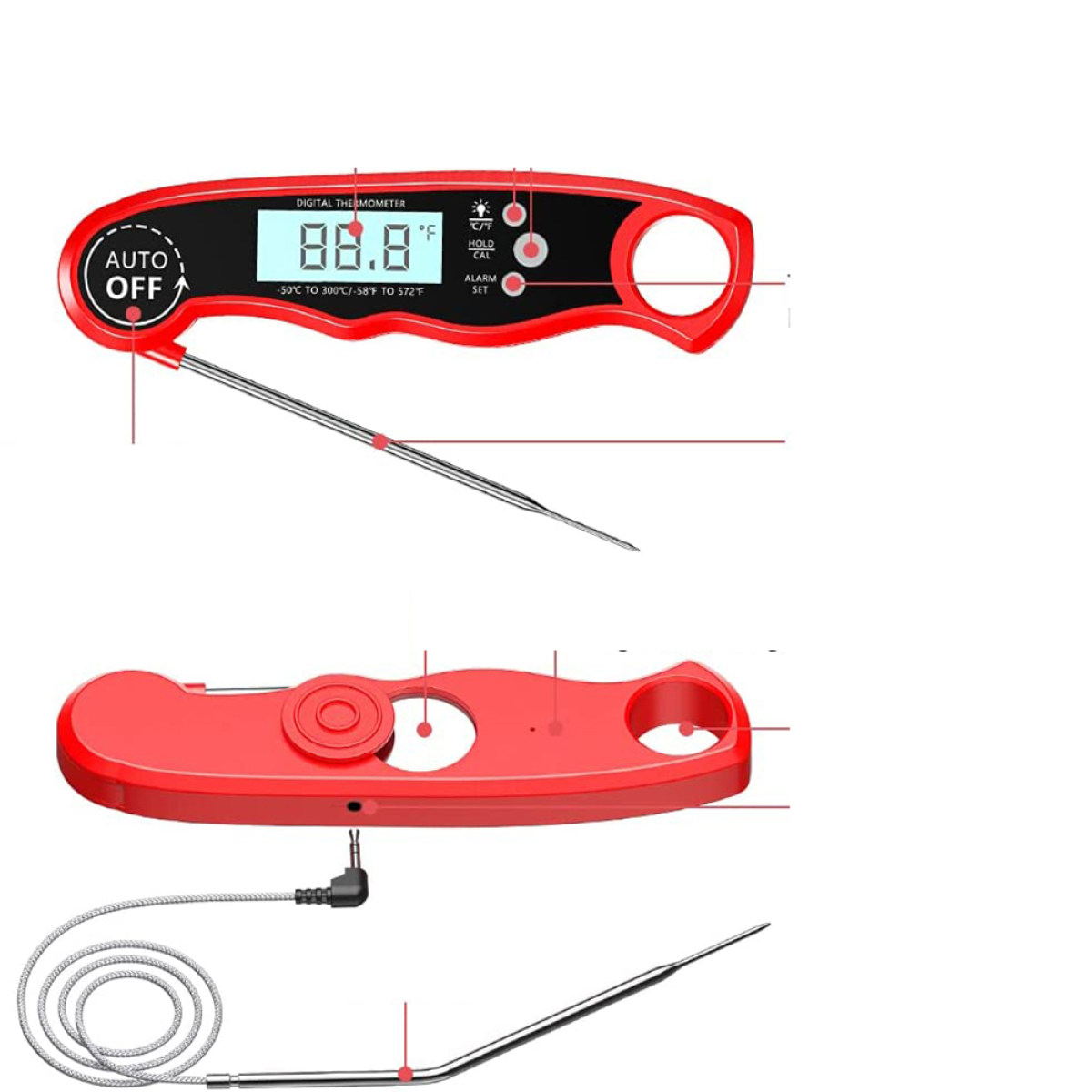 Rotes digitales Thermometer. Anzeige 88,8. Sonde und Griff.
