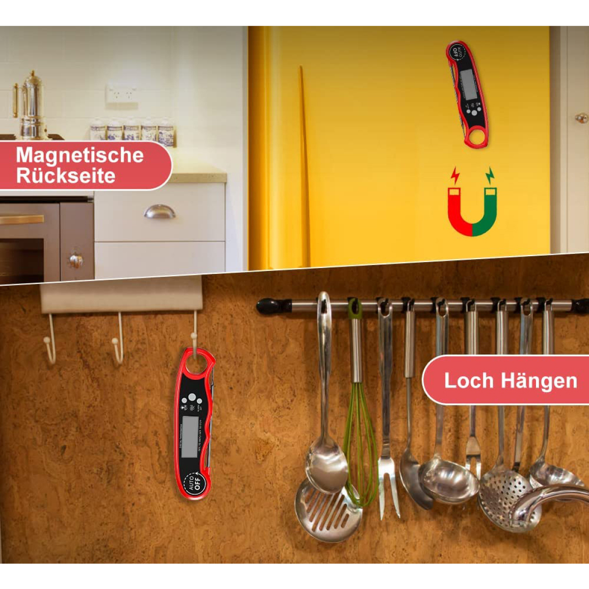 Küchenszene: Thermometer am Kühlschrank und hängende Utensilien. Rotes und schwarzes Thermometer mit Magnet.