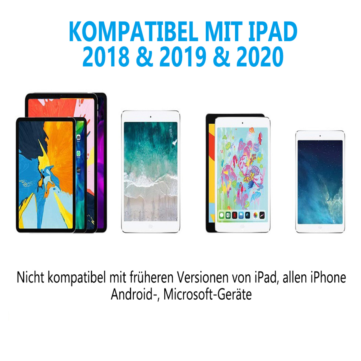 Bild mit Tablets. Text: Kompatibel mit iPad 2018, 2019 & 2020. Nicht kompatibel mit älteren Versionen.