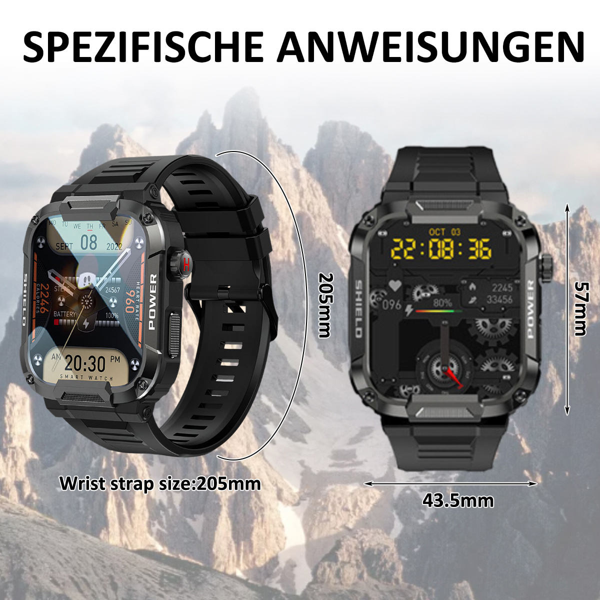 Eine schwarze Smartwatch mit Armband, die Zeit und Akkulaufzeit anzeigt.