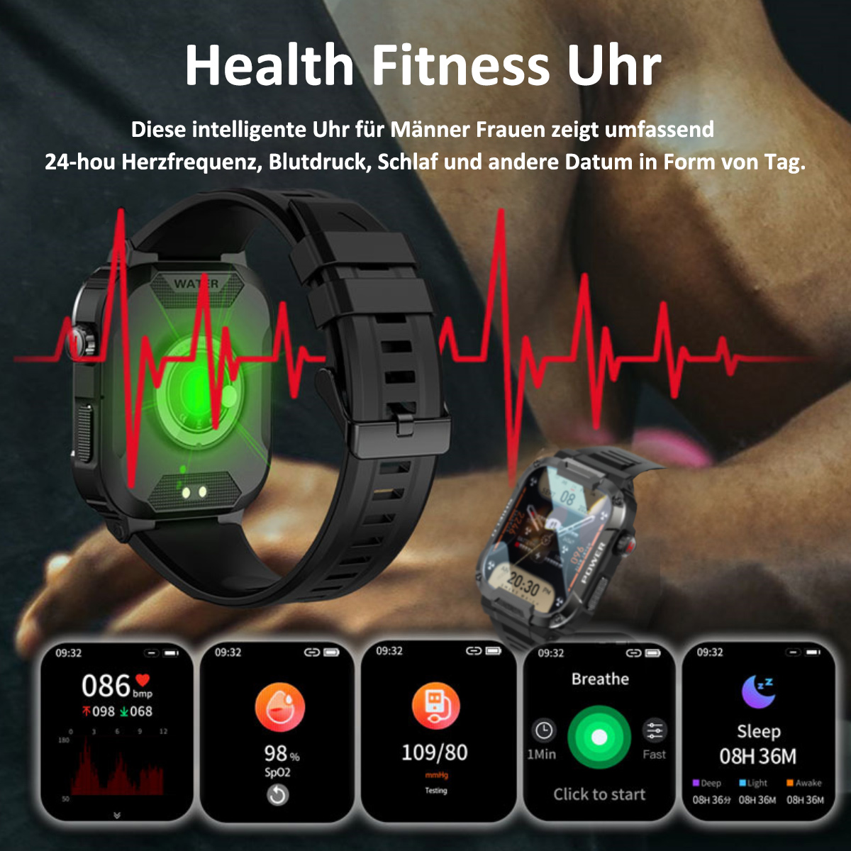 Eine Fitnessuhr mit mehreren Bildschirmanzeigen, die Gesundheitsdaten und Herzfrequenzüberwachung zeigen.