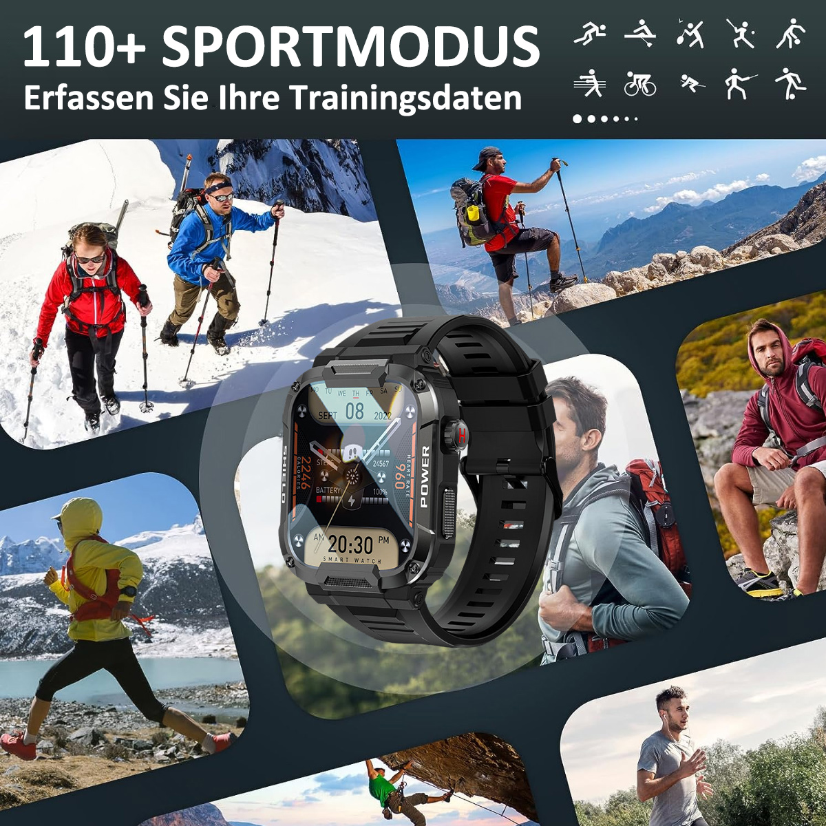Smartwatch am Handgelenk, umgeben von Bildern von Menschen, die trainieren, mit Textbeschriftungen, auf einem Hintergrund.