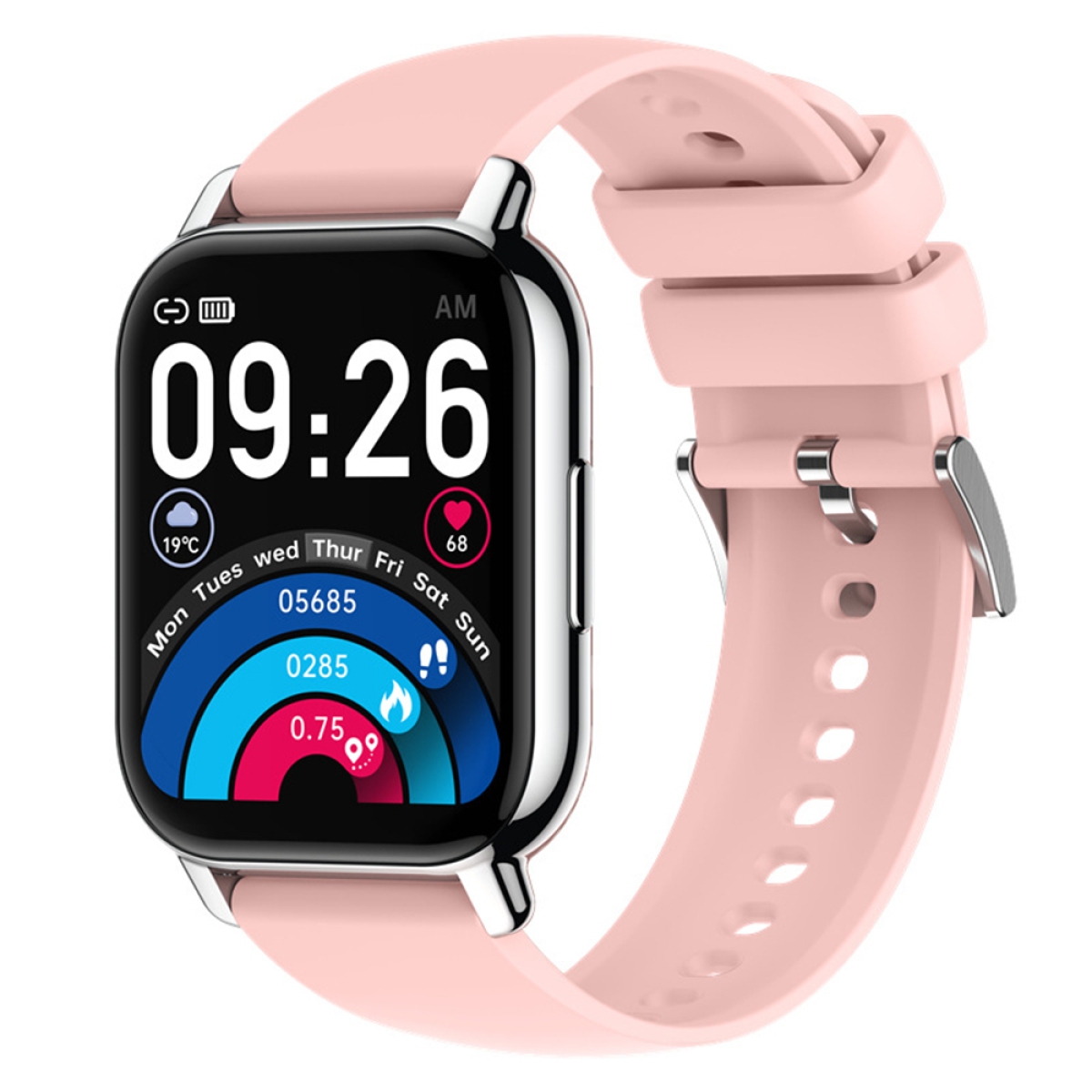 Rosa Smartwatch mit Digitalanzeige, die Daten und Uhrzeit anzeigt. Rosa Armband, weißer Hintergrund.