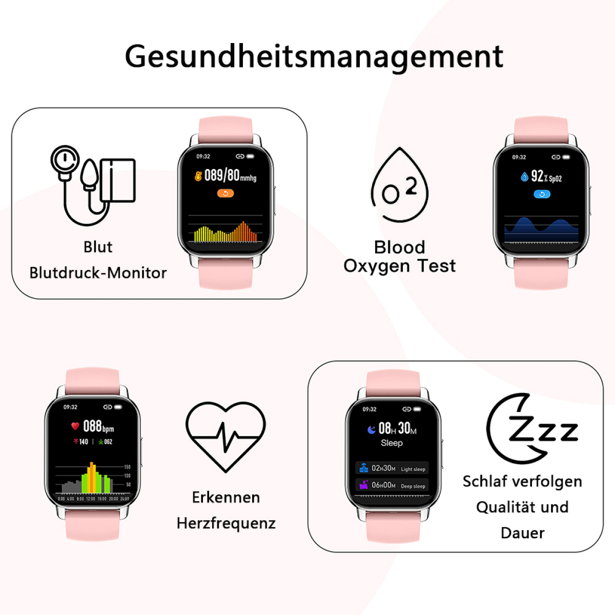 Symbole, die Gesundheitsdaten auf einer Smartwatch zeigen: Blutdruck, Sauerstofftest, Schlaf usw.