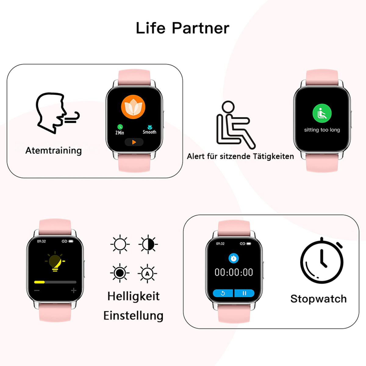 Smartwatch mit verschiedenen Funktionen: Atemschulung, Sitzalarm, Helligkeit und Stoppuhr.