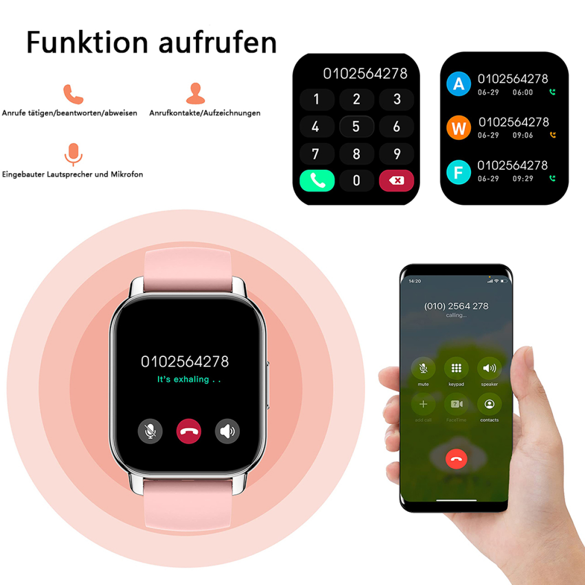 Smartwatch- und Telefonanzeigen. Telefon-Wähltastatur und Anrufdetails. Uhr zeigt einen Anruf.