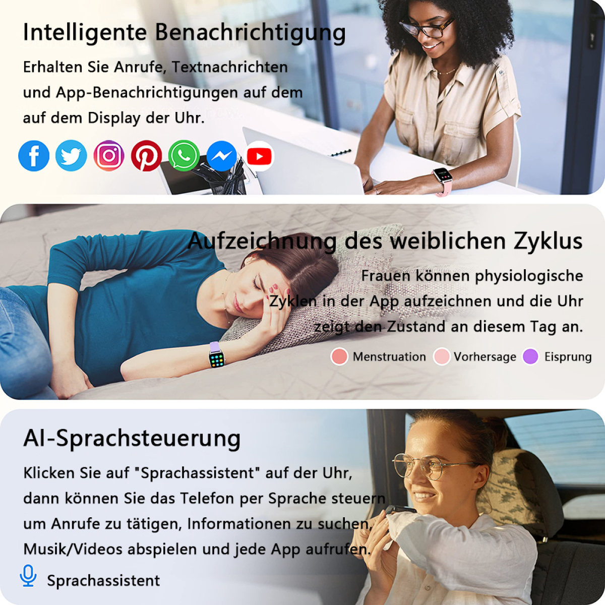 Infografik über Smartwatch-Funktionen. Frau benutzt Laptop, andere Frau ruht sich mit der Uhr aus.