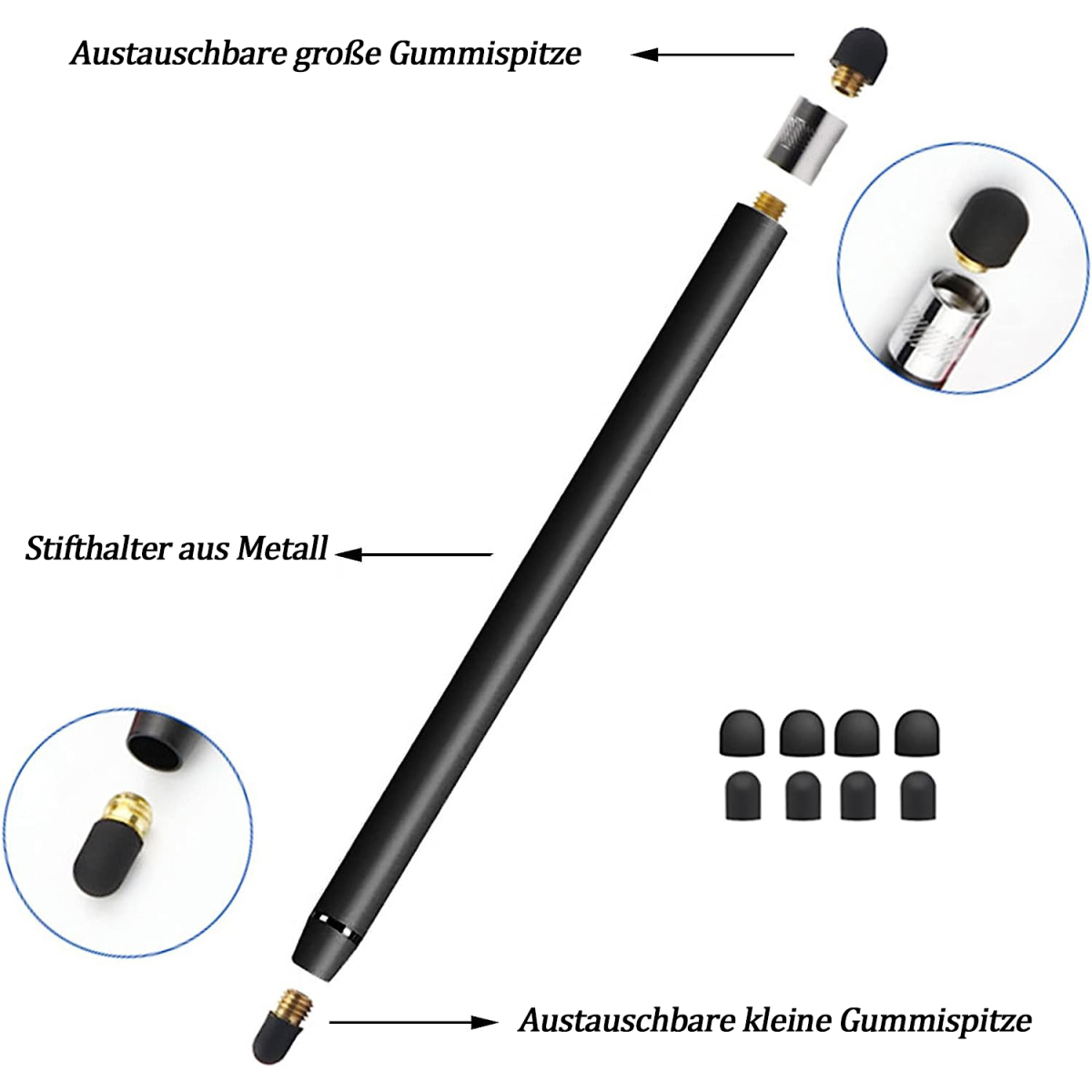 Schwarzer Stylus-Stift mit austauschbaren Spitzen und Metall-Stifthalter.
