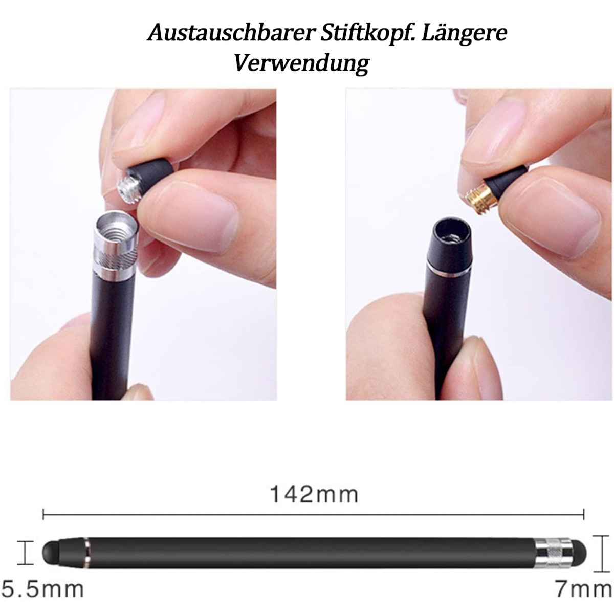 Bilder, die einen Eingabestift mit austauschbarer Spitze und die Maße des Stifts zeigen.