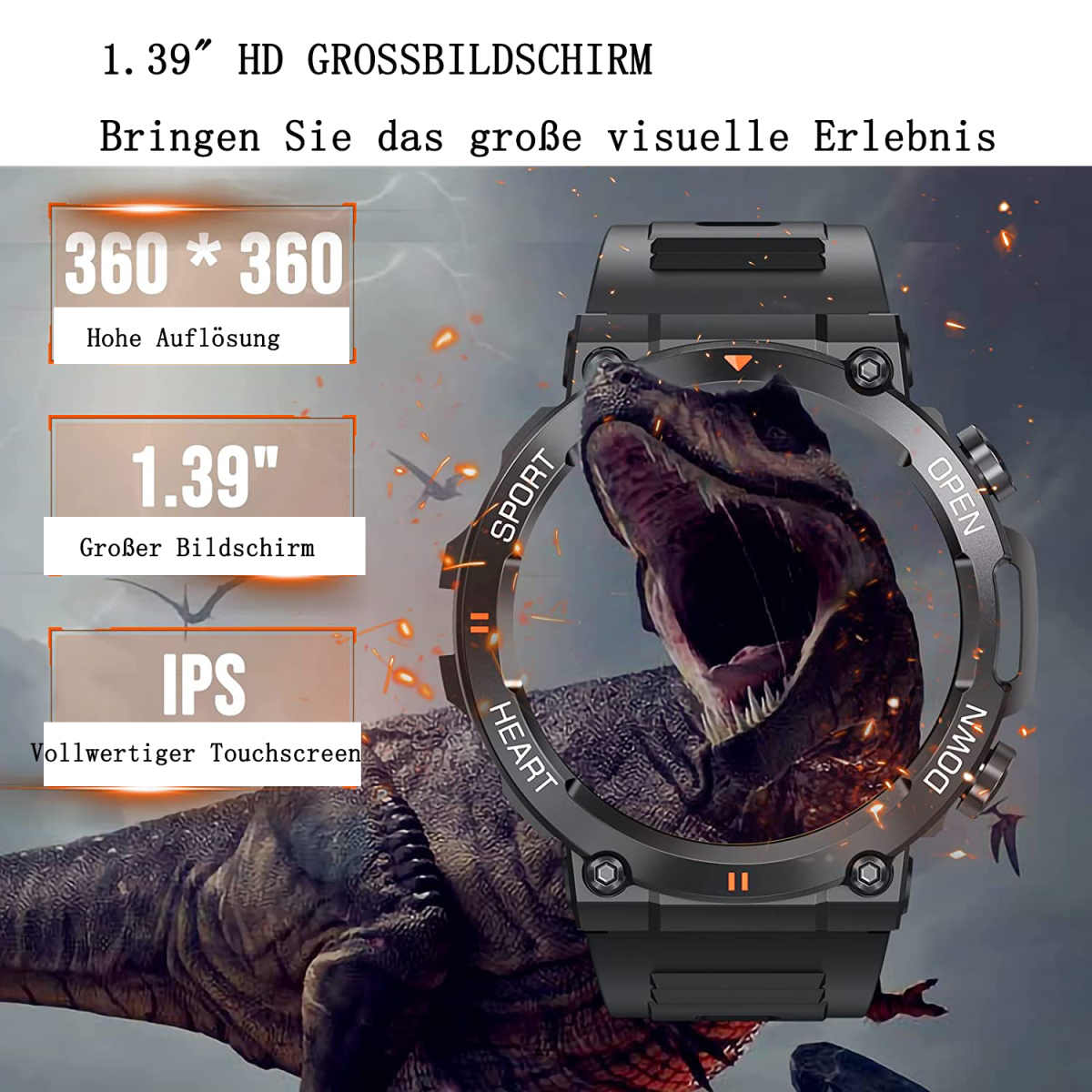 Smartwatch mit schwarzem Gehäuse und einer Dinosauriergrafik auf dem Bildschirm, vor Hintergrund.