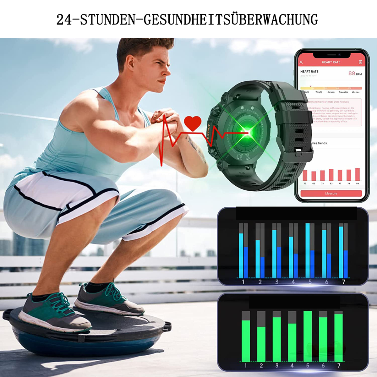 Mann, der mit Smartwatch trainiert, die die Herzfrequenz überwacht. Anzeigen von Herzfrequenzdaten auf einem Smartphone.