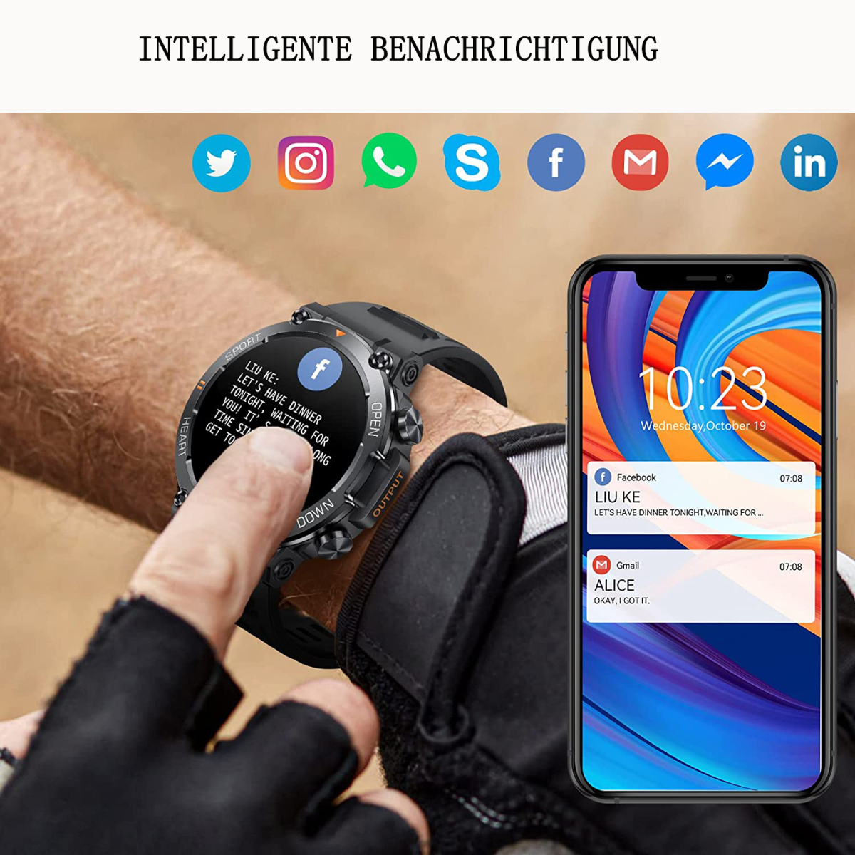 Eine Smartwatch, die Benachrichtigungen von Social-Media-Apps anzeigt, am Handgelenk, mit einem Smartphone, das ähnliche Benachrichtigungen anzeigt.