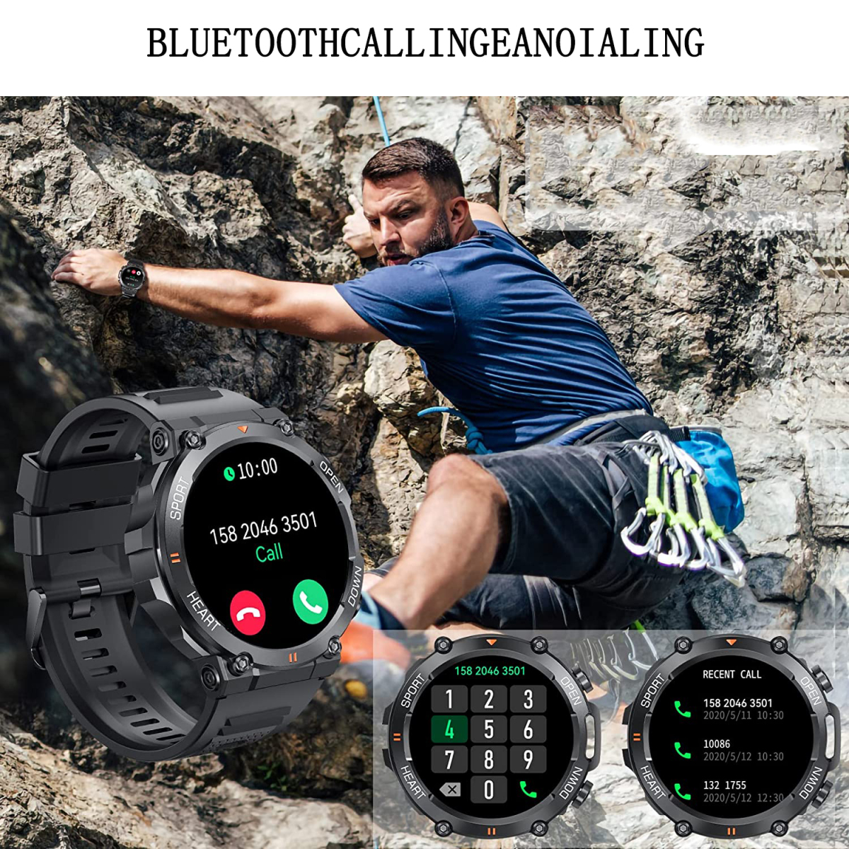 Ein Mann in einer Berglandschaft trägt eine Smartwatch, die einen Telefonanrufbildschirm anzeigt. Drei kleine Bildschirme.