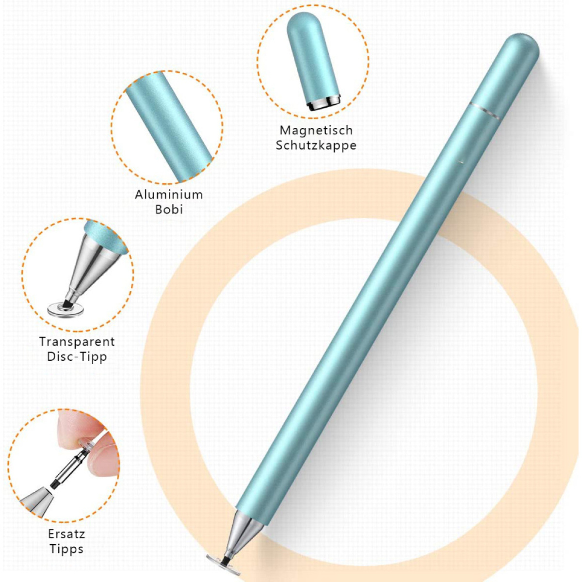 Blauer Stift mit Details des Stifts, der Spitze und der austauschbaren Spitzen. Weißer Hintergrund.