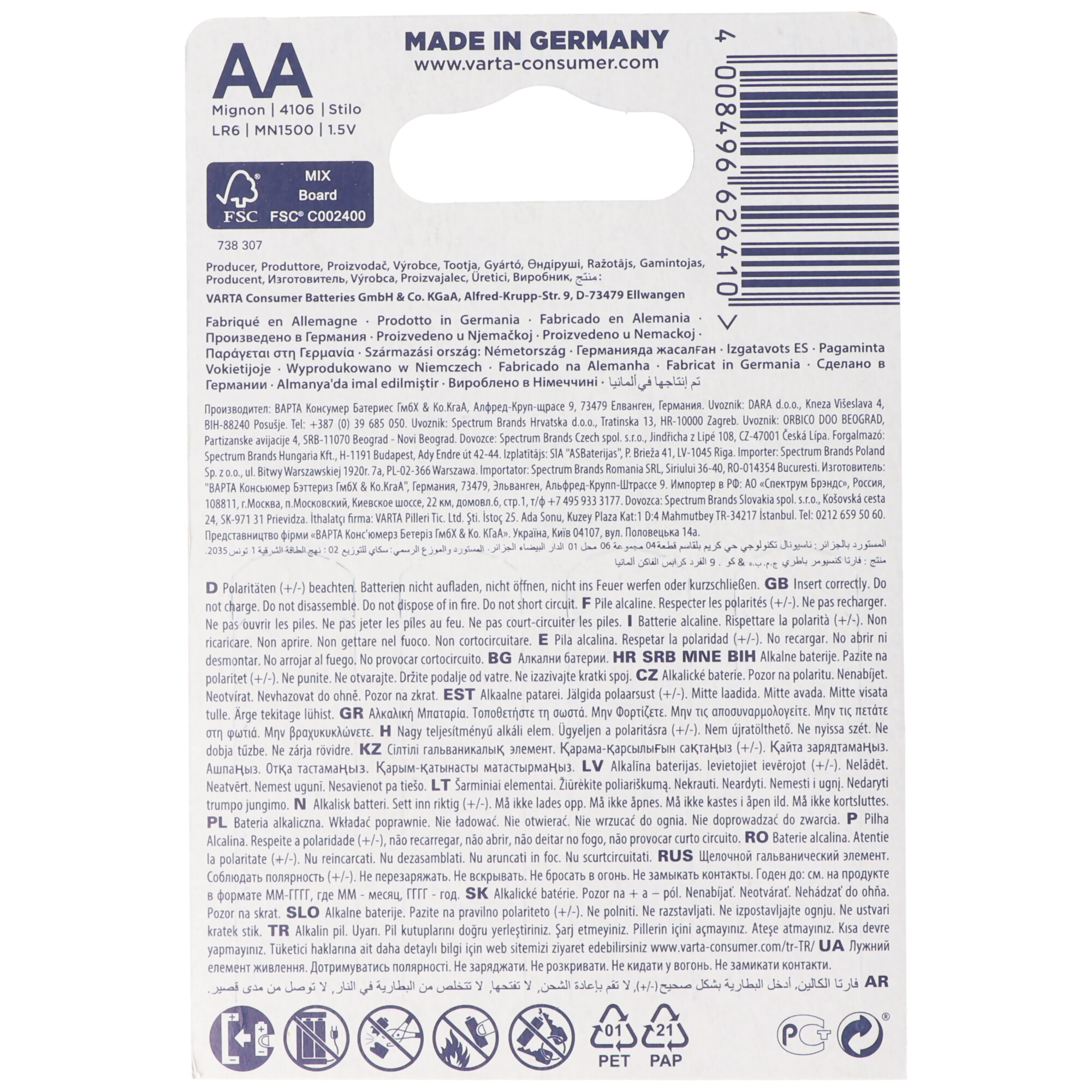 Confezione di batterie AA. Contiene testo in più lingue e informazioni sul prodotto.