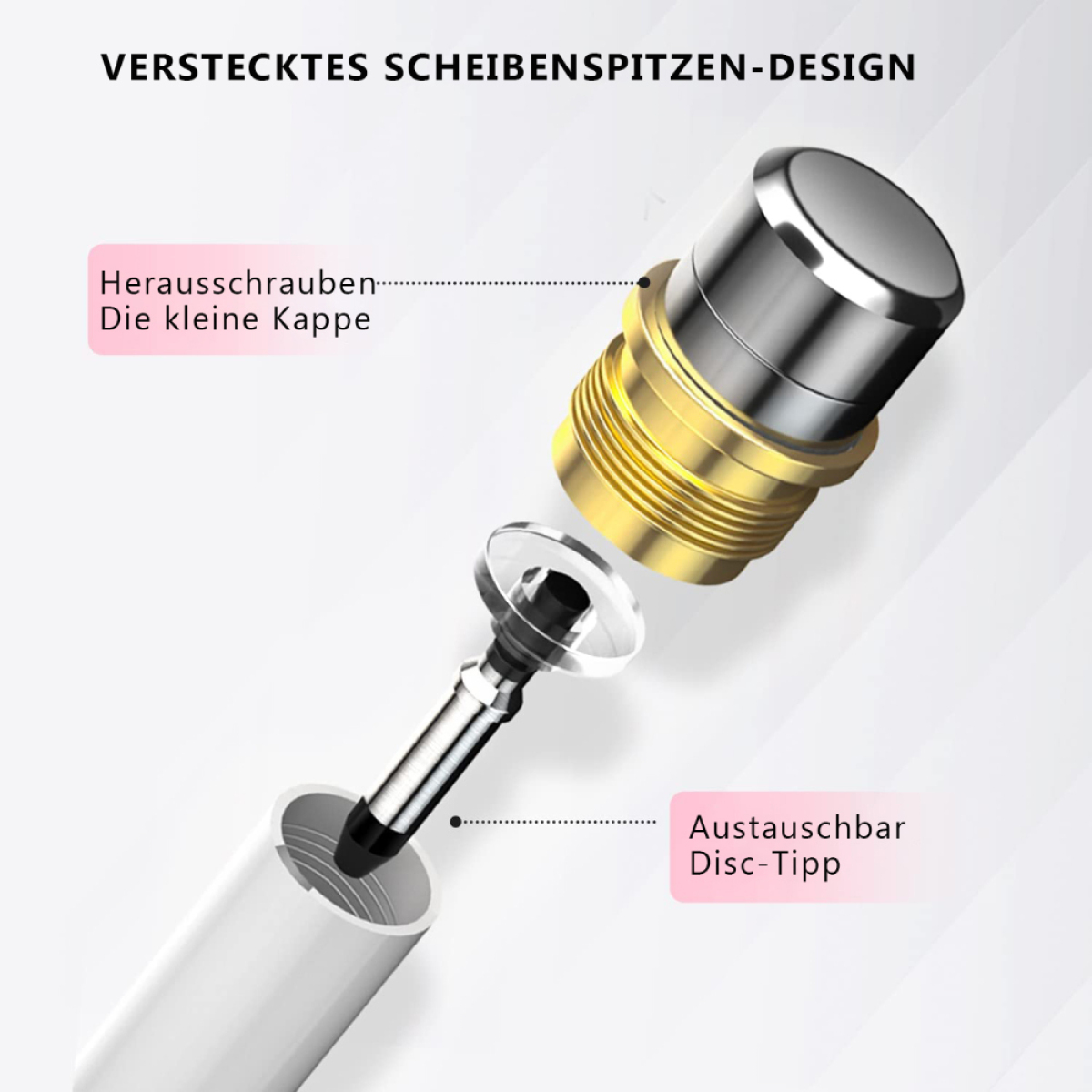 Stift mit zerlegten Teilen, die Disc-Spitze und Gehäuse zeigen.