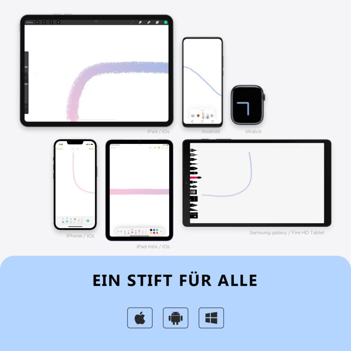 Verschiedene Geräte mit Zeichnungen auf Bildschirmen, Text: EIN STIFT FÜR ALLE.