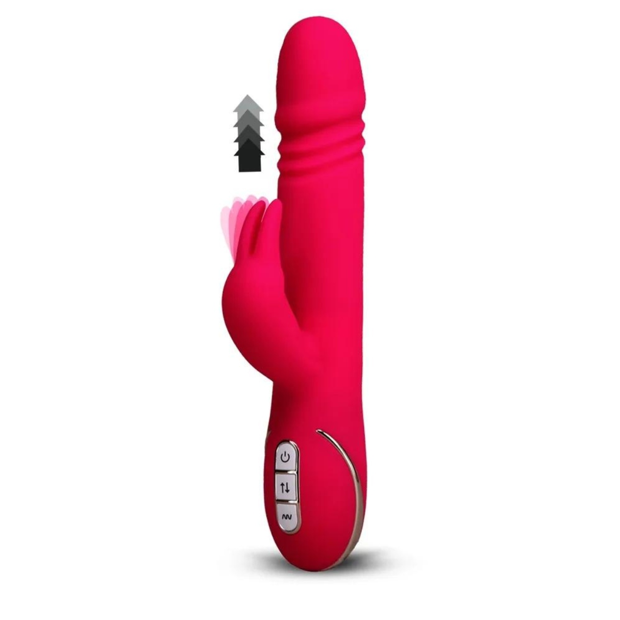 Rosa Vibrator mit fingerartigem Anhang und Knöpfen. Weißer Hintergrund.