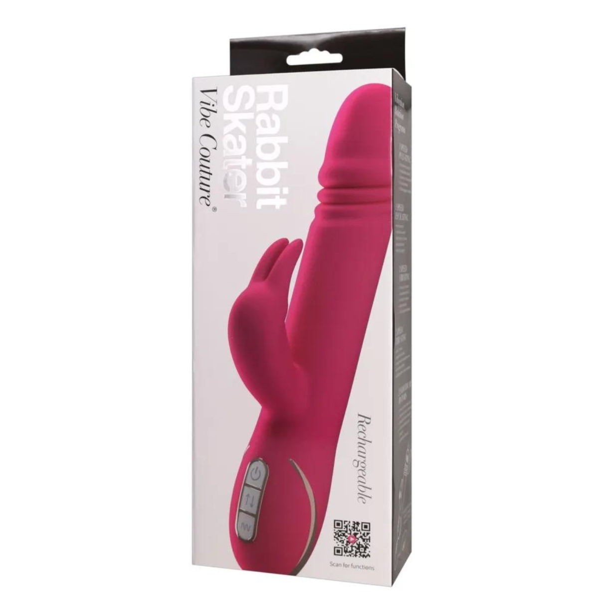 Rosa Kaninchenvibrator in einer Box mit dem Text "Vibe Skater". Weißer Hintergrund.