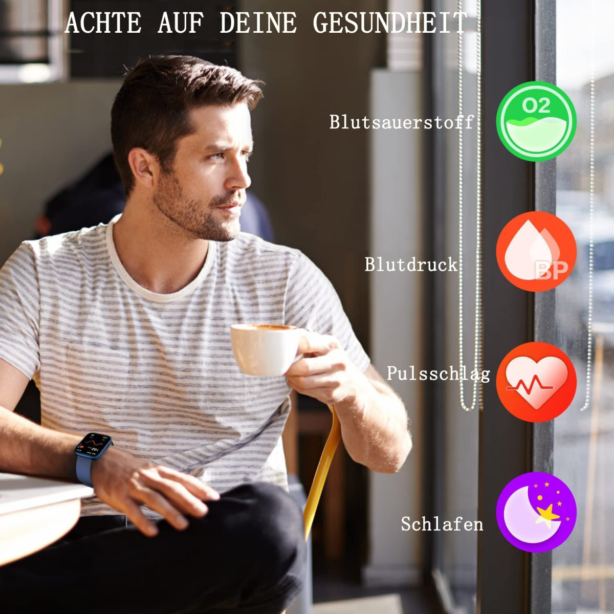 Mann mit Kaffee, blickt zur Seite. Gesundheits-Icons rechts. Drinnen.