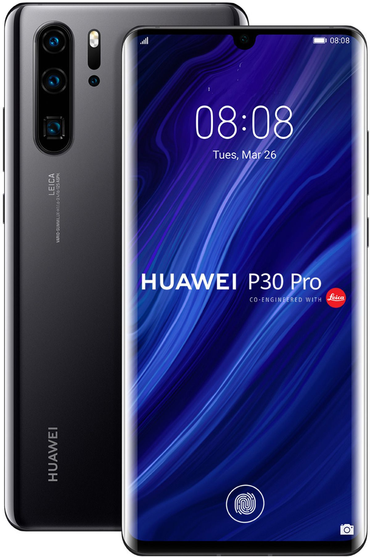 Ein schwarzes Telefon mit gebogenem Bildschirm und die Rückseite mit dem Kameramodul.
