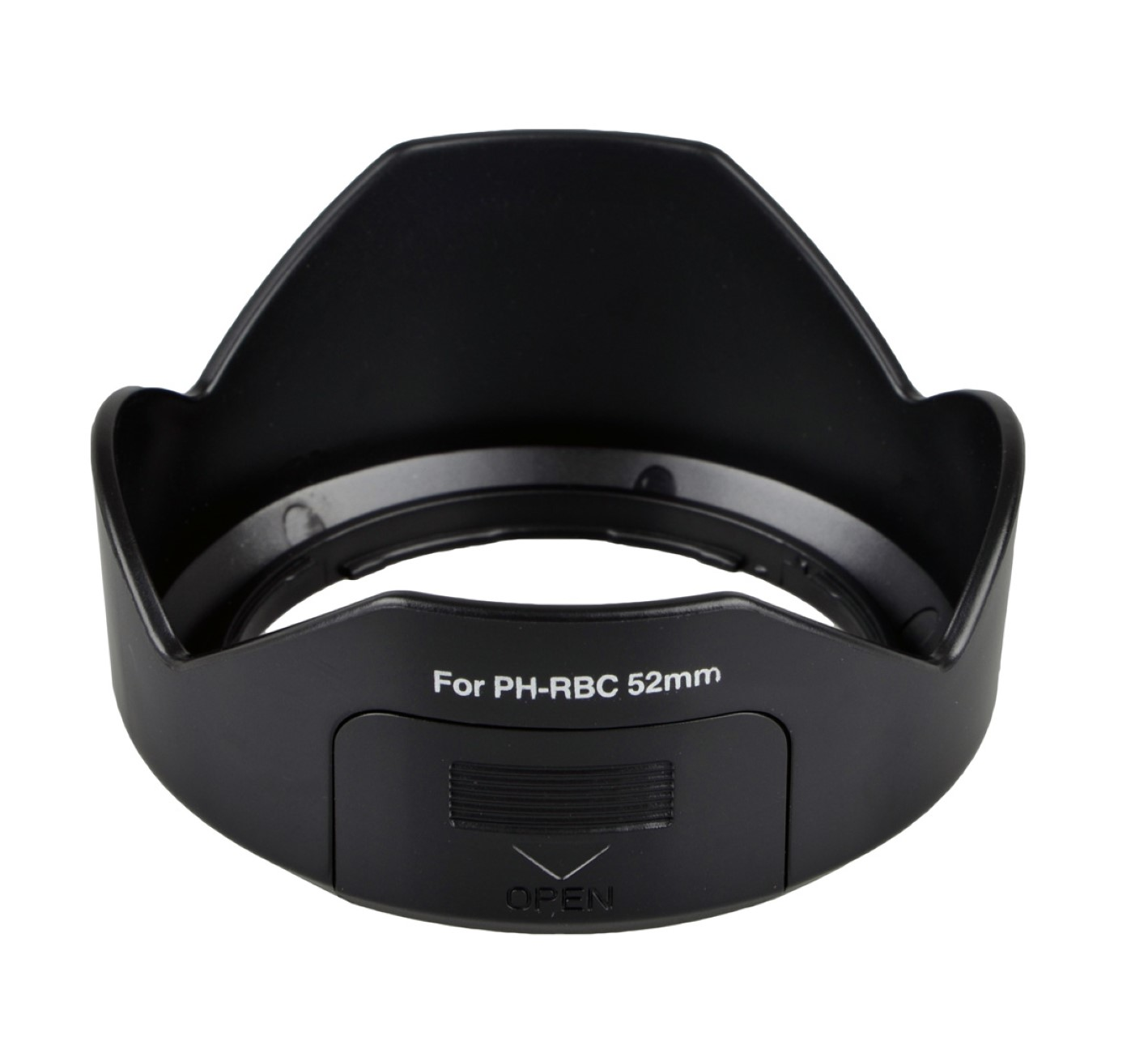 Schwarze Sonnenblende mit dem Text 'For PH-RBC 52mm' und 'OPEN' auf weißem Hintergrund.