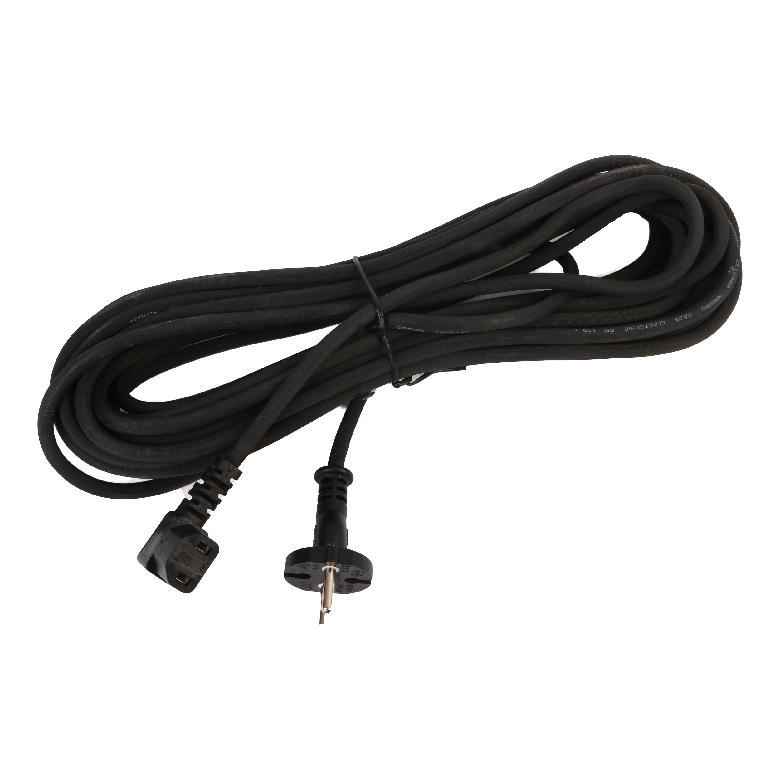 Schwarzes Netzkabel mit zwei Steckern. Einer ist ein Standardstecker, der andere ein dreipoliger Geräteanschluss.