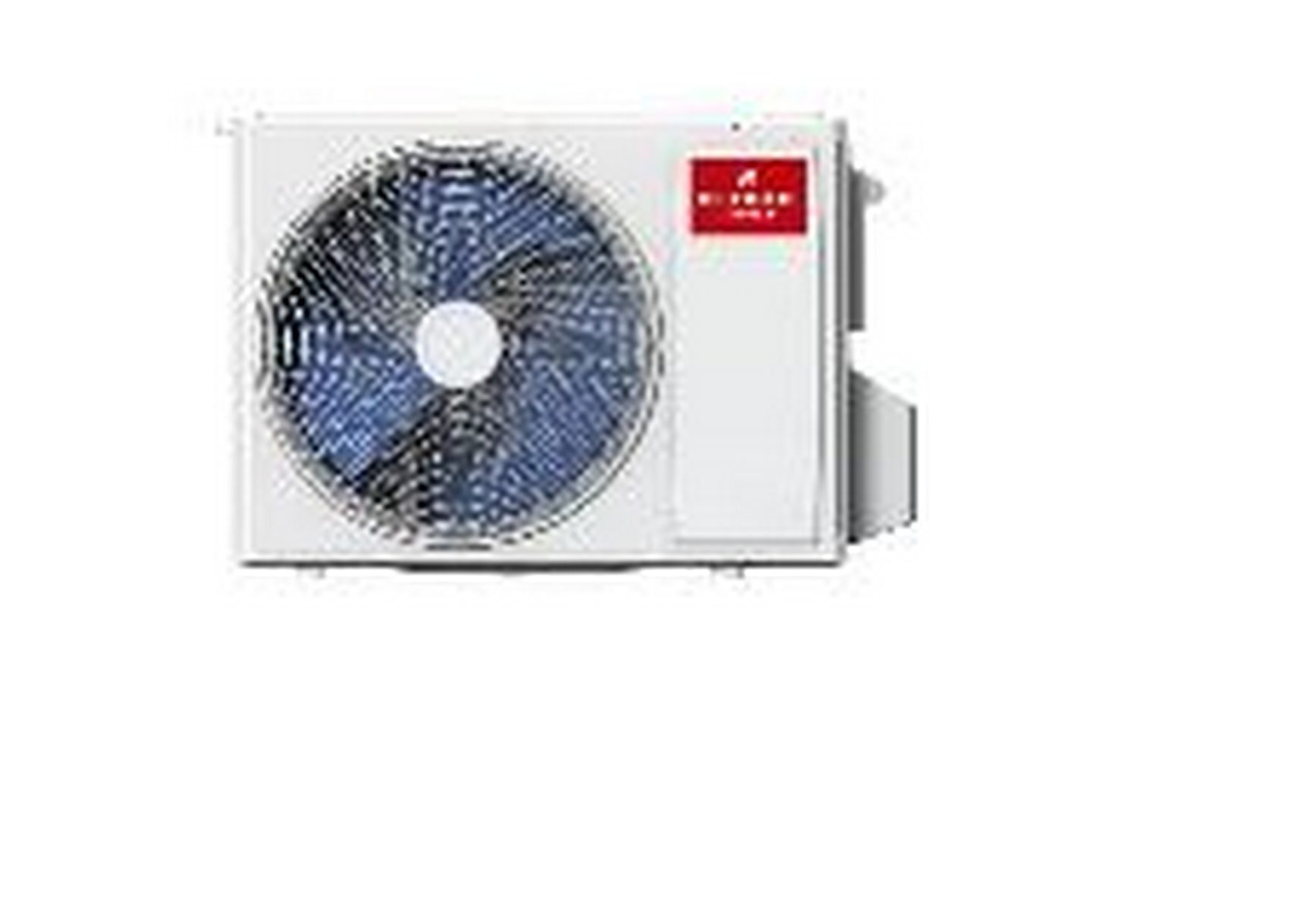 Aire acondicionado blanco con ventilador azul.