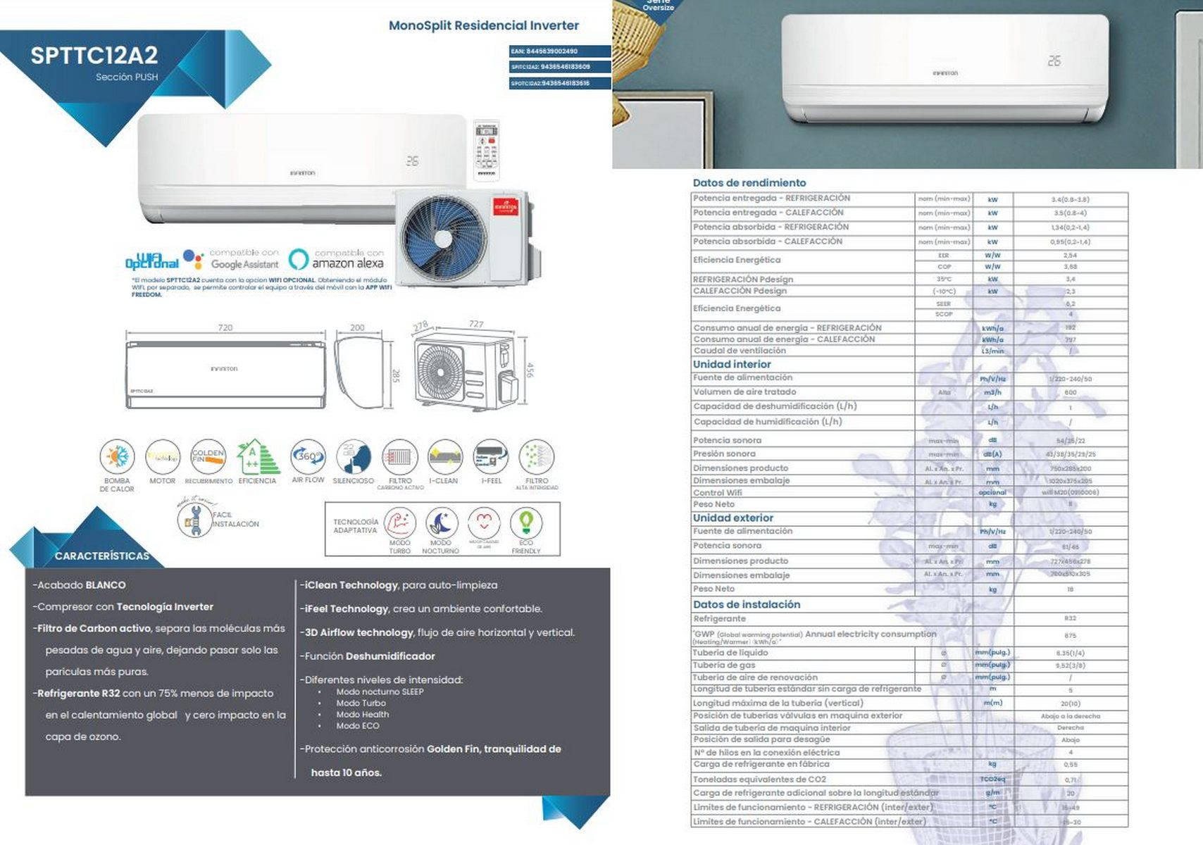 Documentación técnica de un aire acondicionado, con diagramas y funciones.