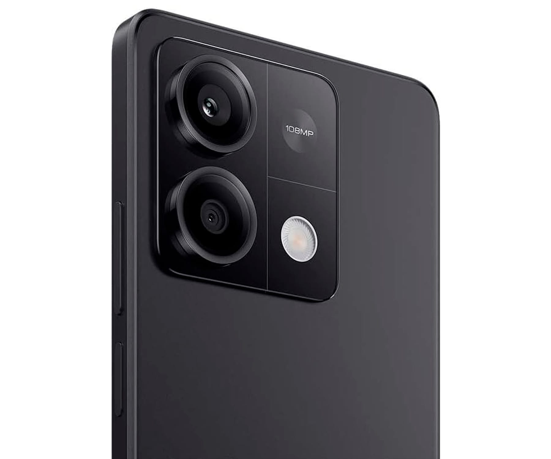 Czarny smartfon. Konfiguracja potrójnego aparatu. Szczegół aparatu 108MP. Czarny korpus.