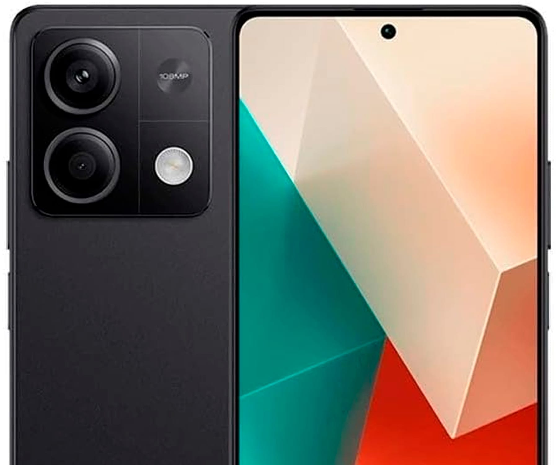 Czarny smartfon z trzema aparatami i ekranem wyświetlającym kolorowy geometryczny wzór.