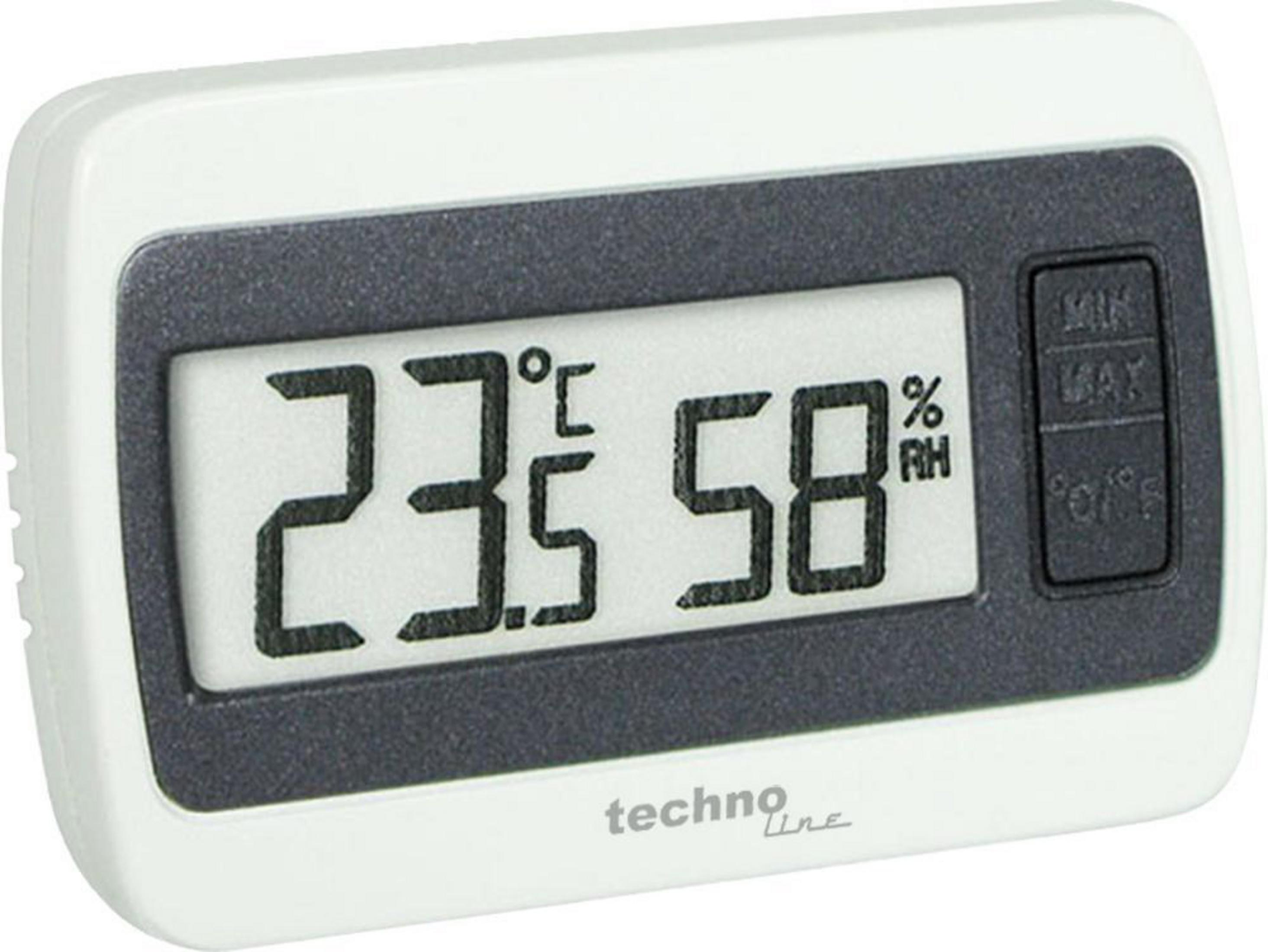 Biały termometr cyfrowy wyświetlający 23,5°C i 58% wilgotności.