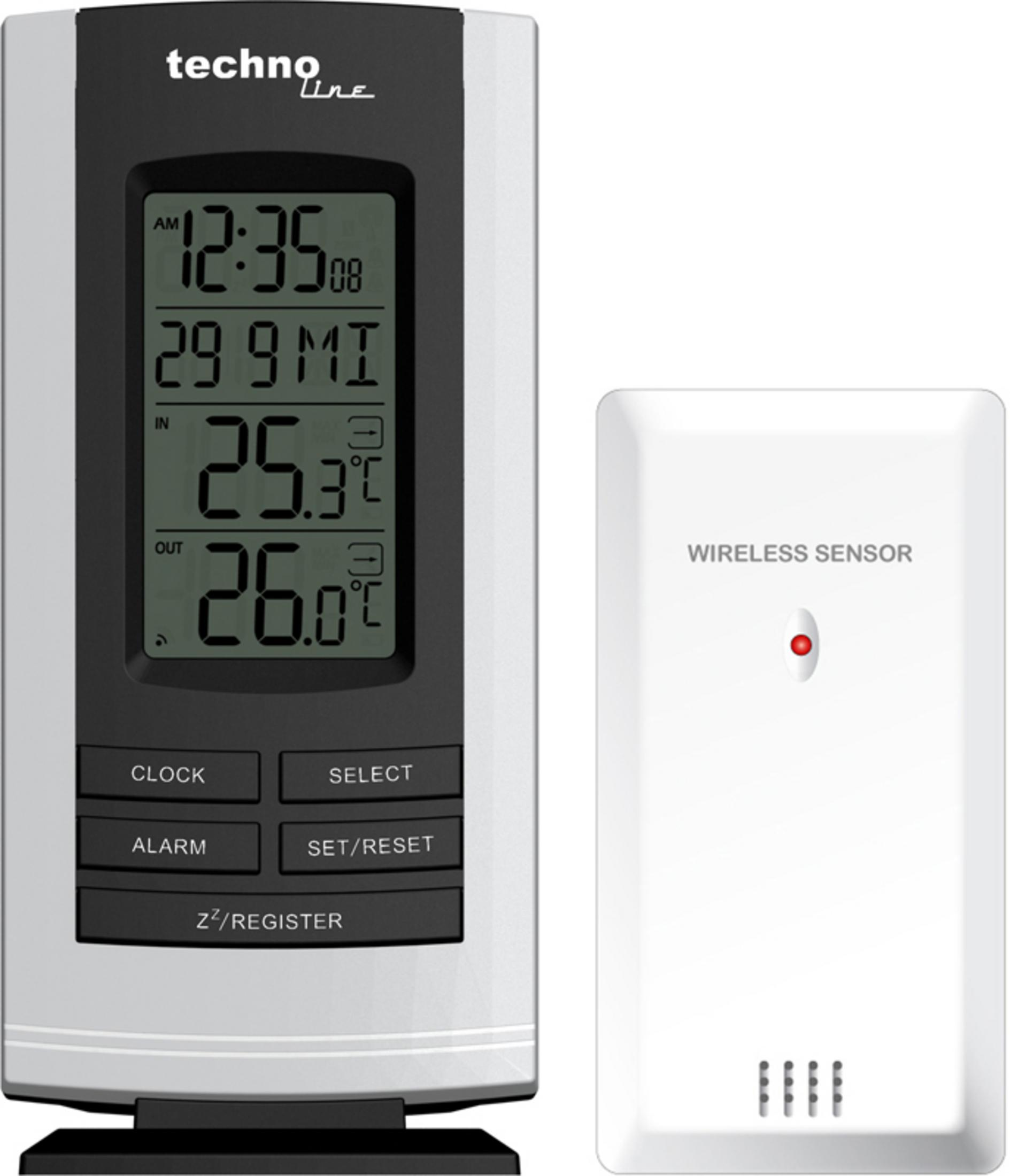 Cyfrowa stacja pogodowa pokazująca czas, temperatury i czujnik bezprzewodowy.