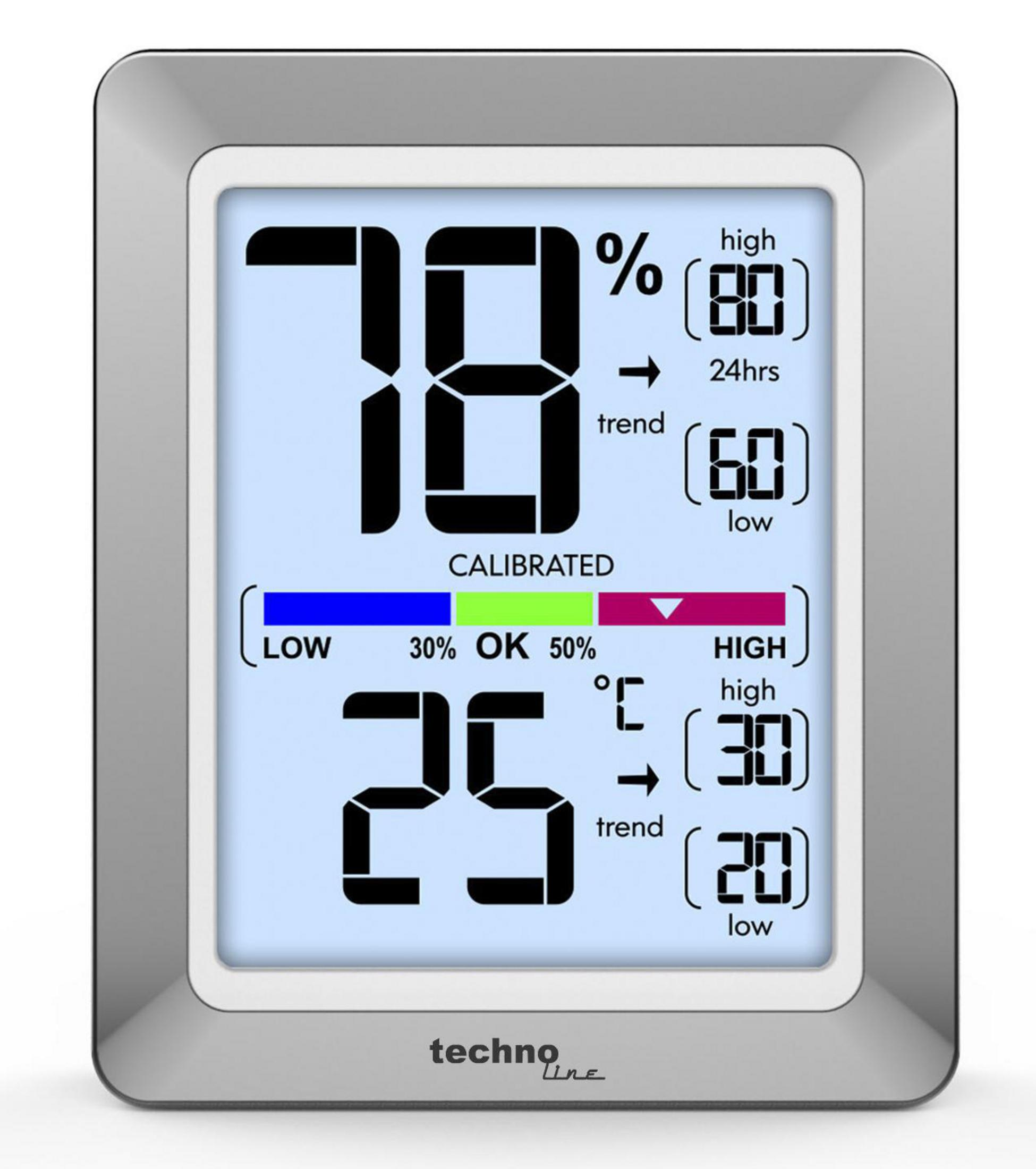 Termometr cyfrowy z wyświetlaczem wilgotności i temperatury, w srebrnej ramce.