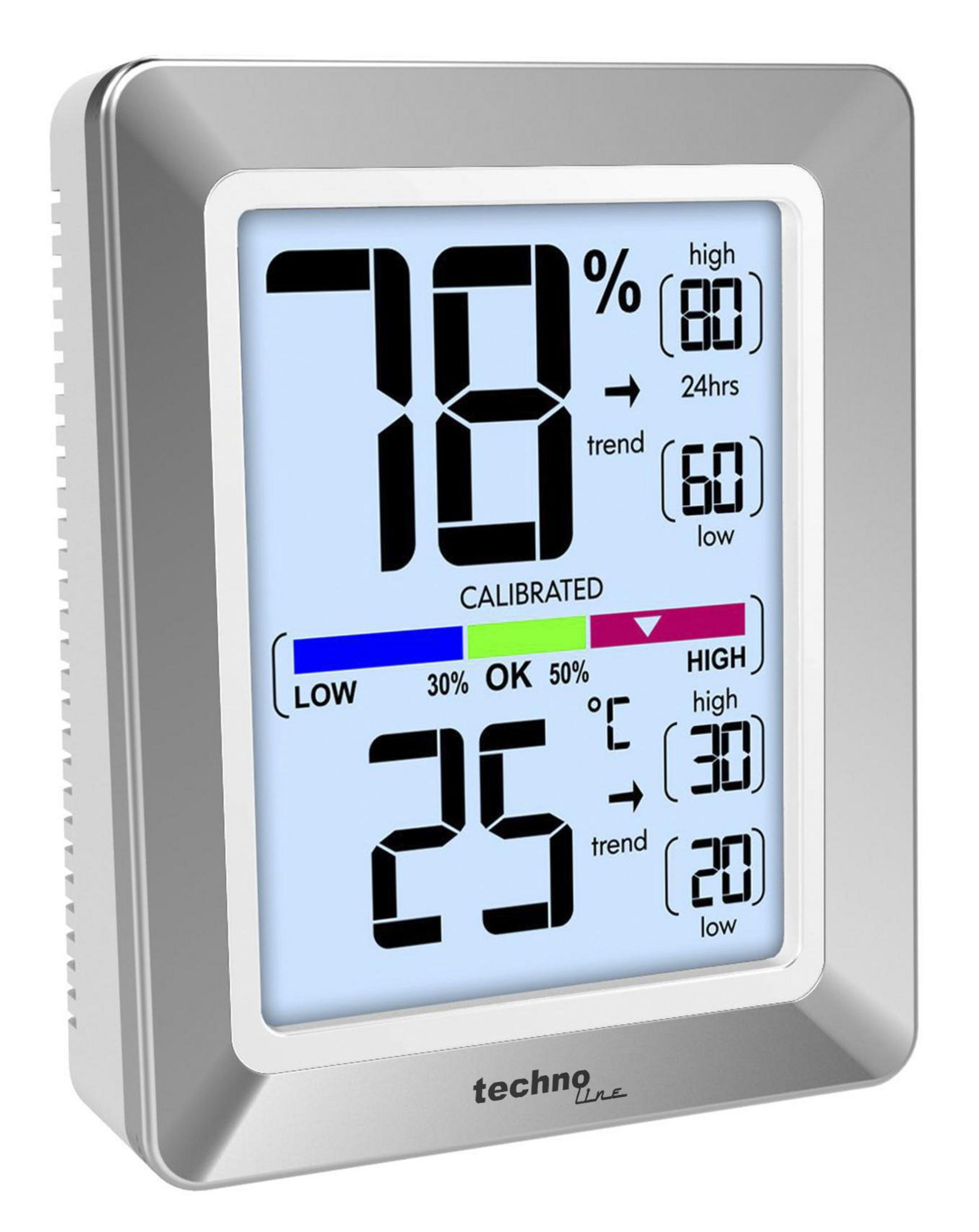 Cyfrowa stacja pogodowa wyświetlająca temperaturę i wilgotność, ze srebrną ramką i białym tłem.