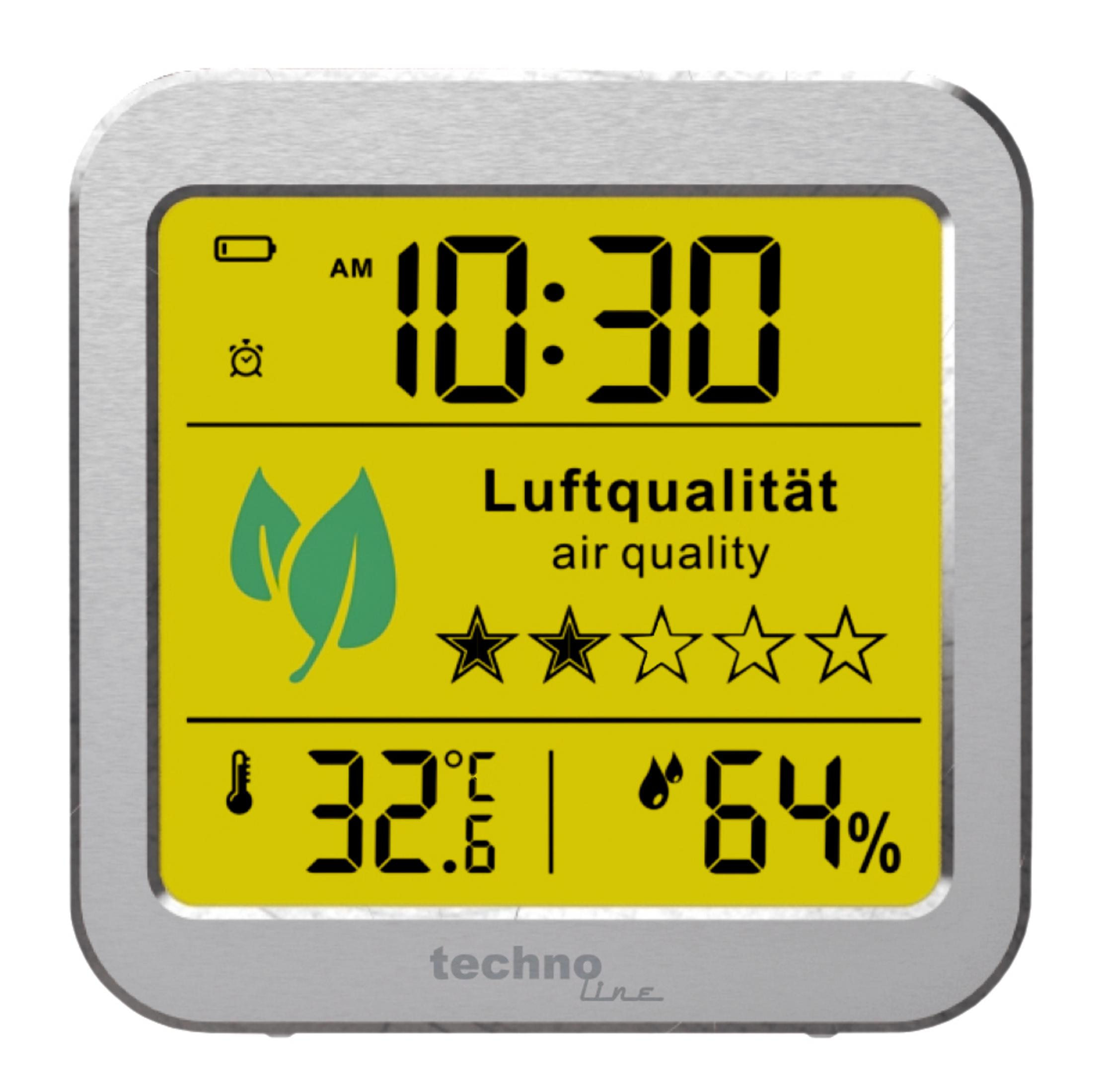 Wyświetlacz cyfrowy pokazujący czas, jakość powietrza i temperaturę, z żółtym tłem w srebrnej ramce.
