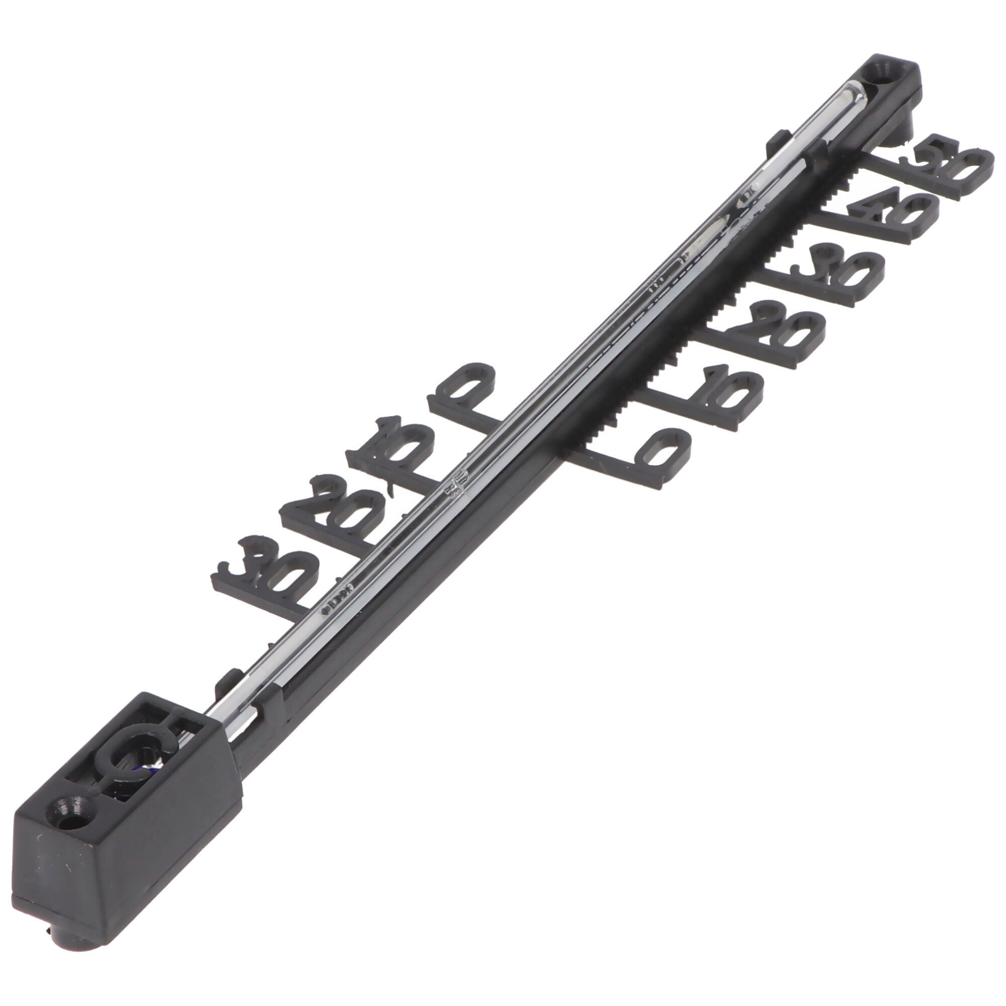 Support en plastique noir avec crochets et lettres BBP, sur fond blanc, vue en angle.