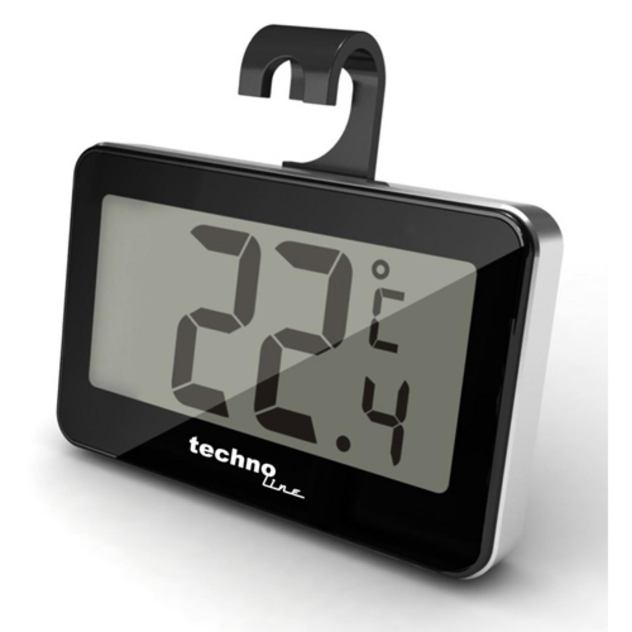 Ein schwarzes, rechteckiges digitales Thermometer, das 22,4 °C anzeigt, mit einem Haken. Der Markenname 'techno line' ist sichtbar.
