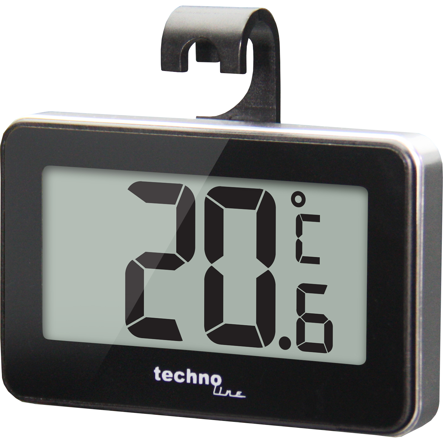 Ein schwarzes, rechteckiges digitales Thermometer, das 20,6 °C anzeigt. Es hat einen Haken und die Marke ist techno line.