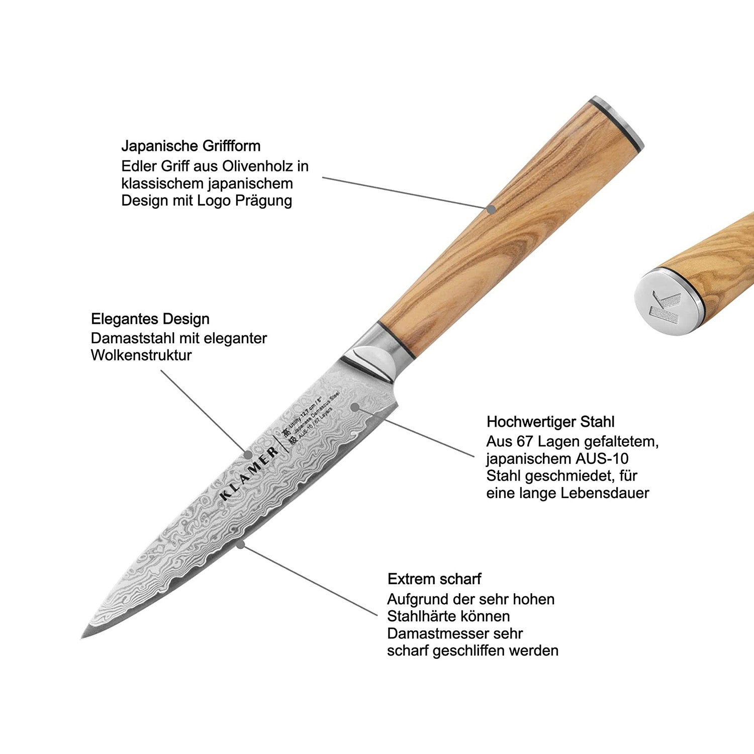 Nahaufnahme eines Messers mit Holzgriff mit Textanmerkungen, die seine Eigenschaften beschreiben.