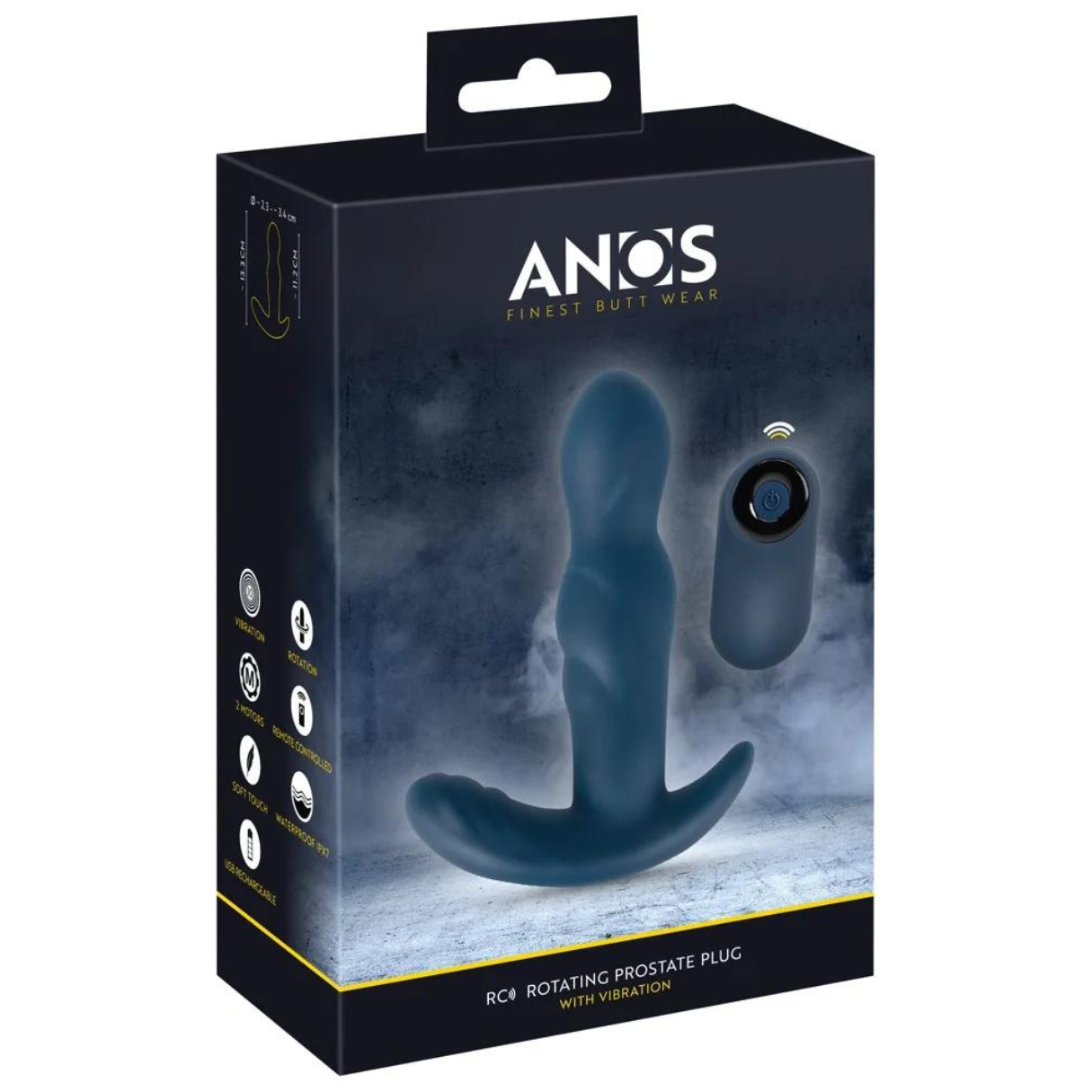 Box mit einem blauen Prostatamassagegerät und einer Fernbedienung. Text: Rotating Prostate Plug With Vibration.
