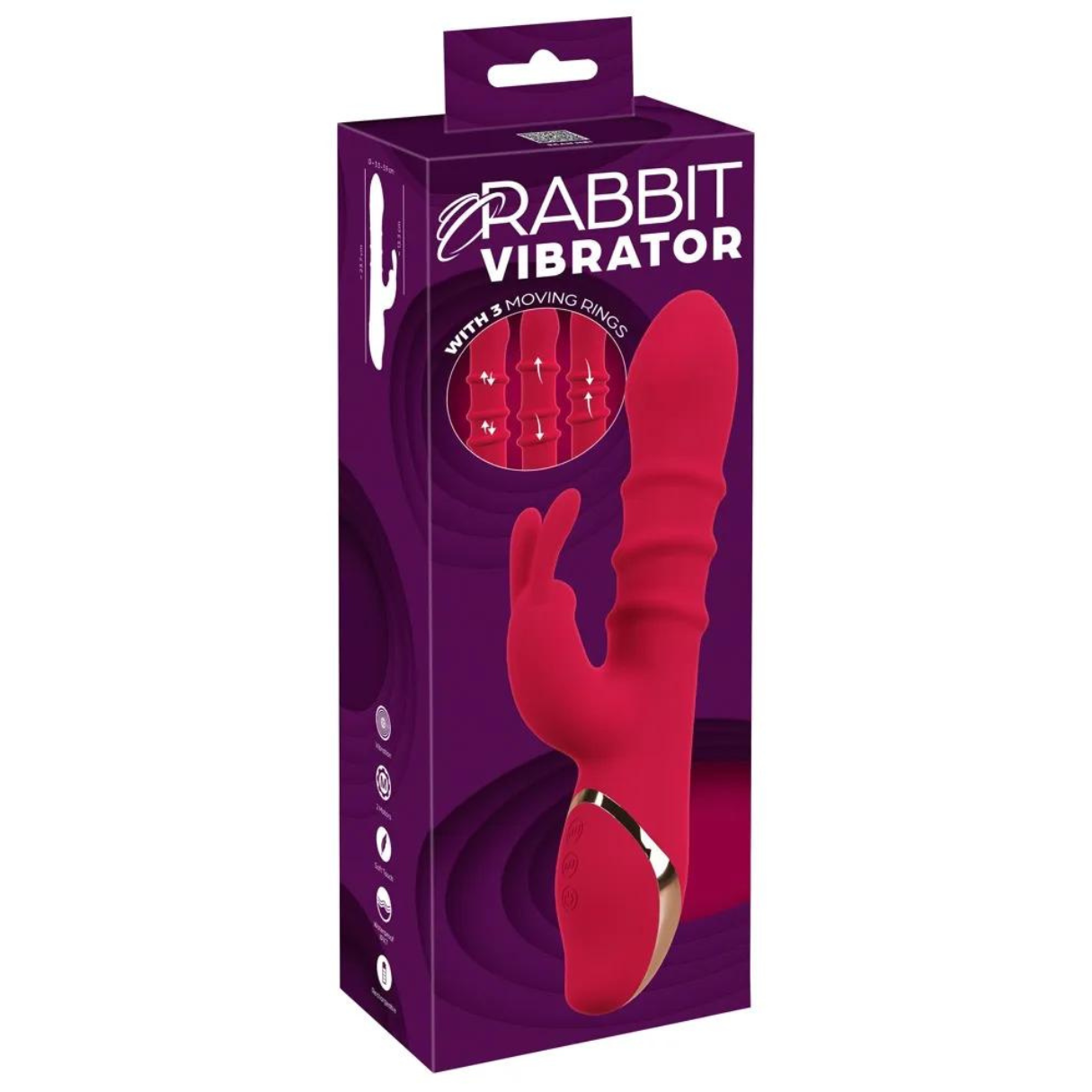 Ein rotes Rabbit-Vibratorspielzeug in einer Box. Die Box ist lila mit Text und Bildern.